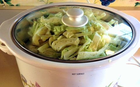 cabbage and noodles in slow cooker with lid